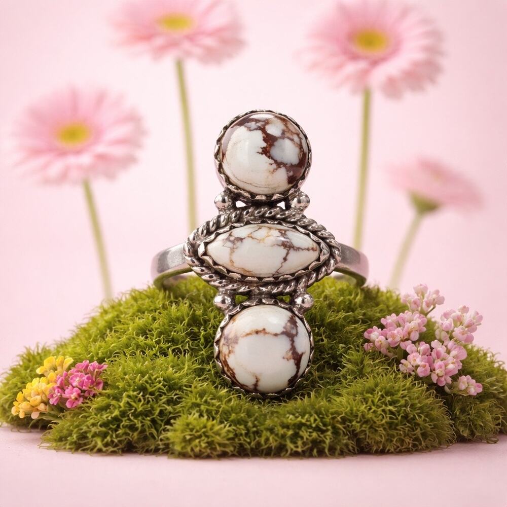 Wild Horse Jasper Three Stone Sterling Silver Ring Size 8 Adjustable u